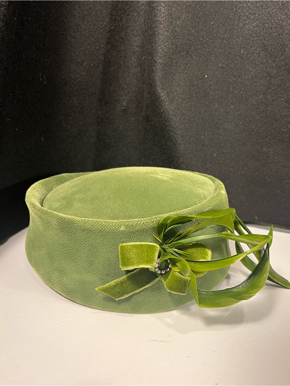 Vintage Velvet Green Pillbox Hat with Rhinestone Bow | Union Made USA